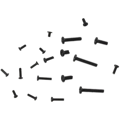 Premium Black Stainless Steel Micro Screw Assortment Kit Comes With Four Bulletproof Sets Of Eighteen Precision Fastener Sizes scattered display.