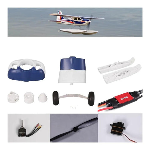 Image showing 1400mm RC Trainer Wingspan Parts Kit With Propeller Spinner, Motor Shaft Mount, Landing Gear, and ESC for fixed-wing aircraft.