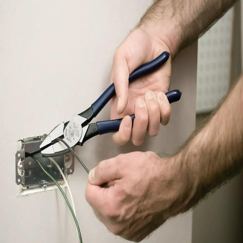Using 9 Inch High Leverage Linesman Pliers For Copper Aluminum And Soft Metals, cutting wire in an electrical box