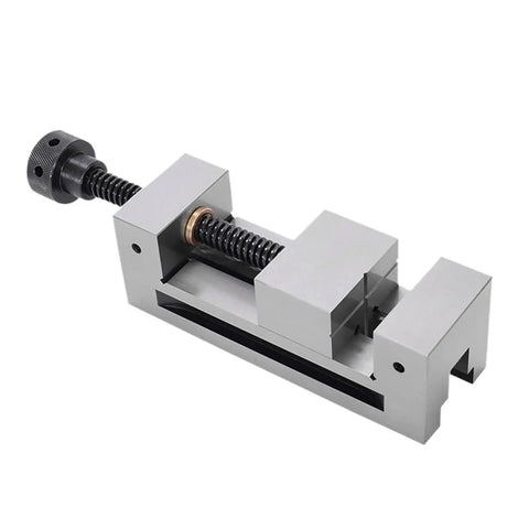 Heavy Duty CNC Grinding Milling Right Angle Vice Featuring Rock Solid Precision Flat Jaws Built Tough From Pure Quenched Steel For Superior Grip And Badass 3.5 Inch Durability, side view showing grip mechanism.