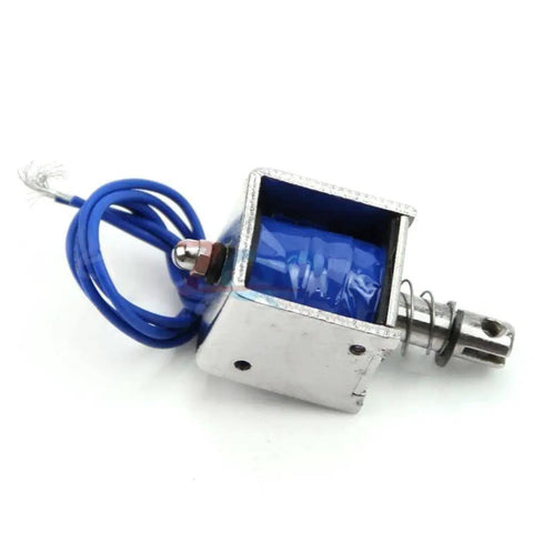 12V 2A Open Frame Solenoid Reset Electromagnet With 10mm Push Pull Stroke For Vending And Textile Machines DC Magnetic Actuator Open Coil Design Built In Mounting Board Heavy Duty DIY Friendly Plug And Play Ready, blue wire leads and metal body