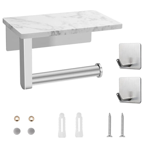 Toilet Paper Holder With Marble Shelf, Stainless Steel Wall Mount, SUS304 Construction, Rust Resistant Bathroom Organizer With Two Free Adhesive Hooks