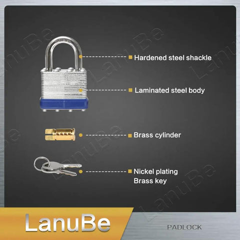 Keyed Alike Laminated Steel Padlock Set One And Nine Sixteenth Inch Wide Body With Normal Shackle Blue Marked Pack Of 24 Padlocks Includes 48 Keys One Key Fits All Locks, showing steel shackle and body, brass cylinder and key.