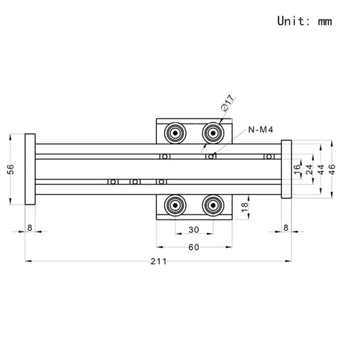 Technical drawing of 100mm Travel Linear Rail Guide SFU1605 Ballscrew With NEMA17 Stepper Motor showing measurements and dimensions