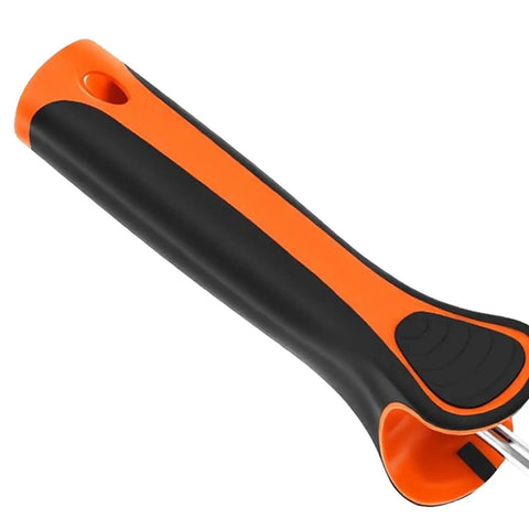 Premium Drywall Corner Paint Roller Set For Inside And Outside Corners featuring ergonomic black and orange handle close-up.