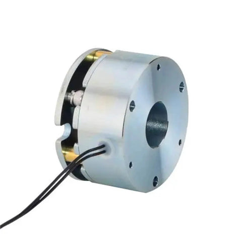 Front view of a 24V DC electromagnetic brake, 2.0 Nm torque, metal housing with wires.