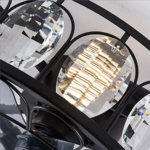 Boss Level Vintage Industrial Fandelier Ceiling Fan With Bright Lighting, close-up of crystal light details and black metal frame.