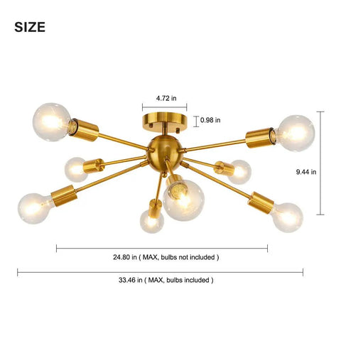 Gold 8 Light Sputnik Ceiling Light Fixture Modern Retro Industrial Chandelier Flush Mount 33.46 inch with Edison bulbs