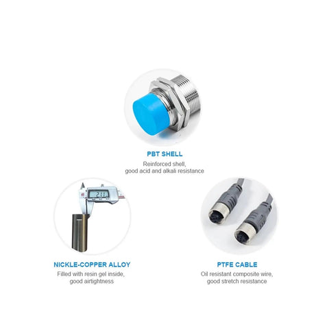 Inductive Proximity Switch And Motion Sensor for PLC control, PBT shell, nickel-copper alloy, PTFE cable, metal detection, waterproof.