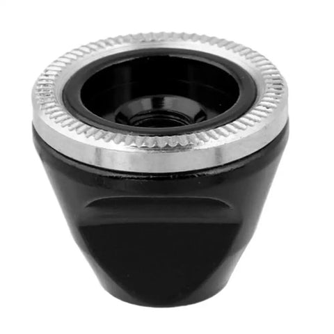 Two Pack Aluminum Bike Wheel Hub Nuts Quick Release Replacement M5 Axle Tightening Thumb Knobs black and silver close-up.