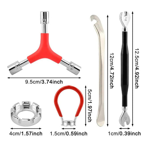 No Sweat Road Warrior Bike Repair Kit Featuring Five Universal Spoke Wrenches Two Heavy Duty Tire Levers And One Y Shaped Socket Adapter image showing tool dimensions and details.