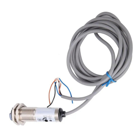 Infrared Proximity Sensor 1 To 10 Cm Detection NPN Normally Open 4-Wire 12 To 24 V DC Diffuse Reflection Photoelectric Switch With IP66 Metal Housing For Industrial Automation, shown with coiled wires and metal casing.