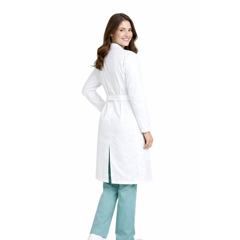 Back view of Med Pros Unisex Lab Coat With Belted Back 40 Inch White XL Lapel Collar Front Button Closure 1 Chest Pocket 2 Lower Pockets Durable