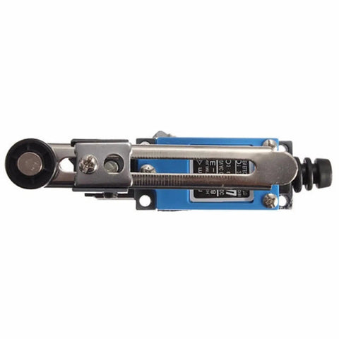 Me-8108 Momentary Limit Switch With Roller Lever, side view showing rotary adjustable lever arm, 12V, blue option for CNC mills and laser machines
