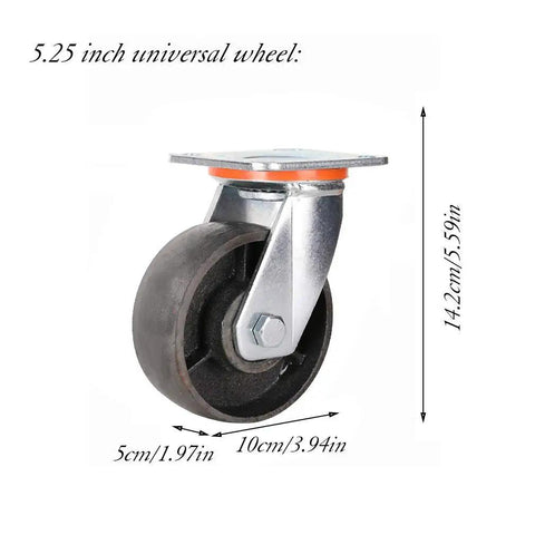 5.25 inch Heavy Duty Cast Iron Swivel Caster With Brake for Tables and Workbenches, Built Tough for Garage Cart and Shop Setup.