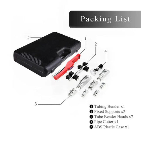 Pro Grade Ratcheting Tube Bender Kit With Seven Aluminum Heads One Quarter To Seven Eighths Inch OD Tubing Packing List