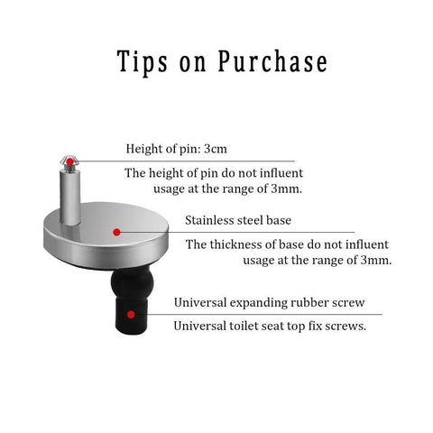 Universal Toilet Seat Quick Release Hinge Fittings Pair Stainless Steel base with pin and rubber screw components for setup.