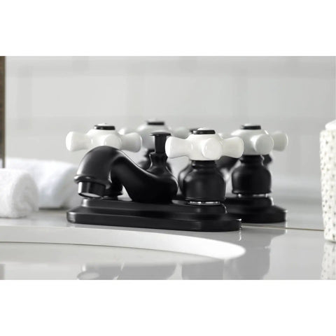 Restoration 4 Inch Centerset Lavatory Faucet With Porcelain Cross Handle In Polished Chrome Drip Free Washerless Cartridge Includes Pop Up Drain Easy To Install And Make Your Bathroom Look Slick on a white countertop
