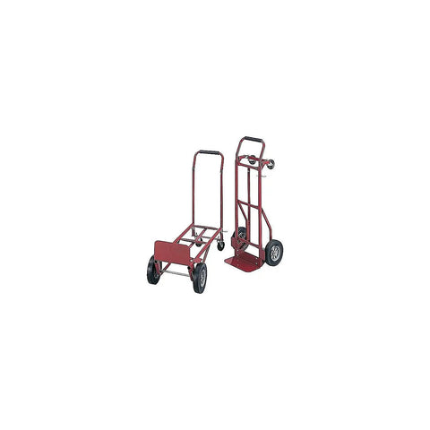 Heavy Duty Two Way Convertible Hand Truck transforms into four wheel platform dolly in bright red with swivel casters.