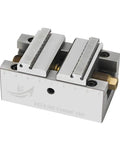 Rock Solid Self Centering CNC Vise Tailored For 4 And 5 Axis Milling with dual parallel jaws and precise measuring scales.