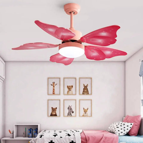 Quiet Ceiling Fan With Built In Light And Remote Control Energy Saving Air Circulator in pink butterfly design for kids' bedroom.