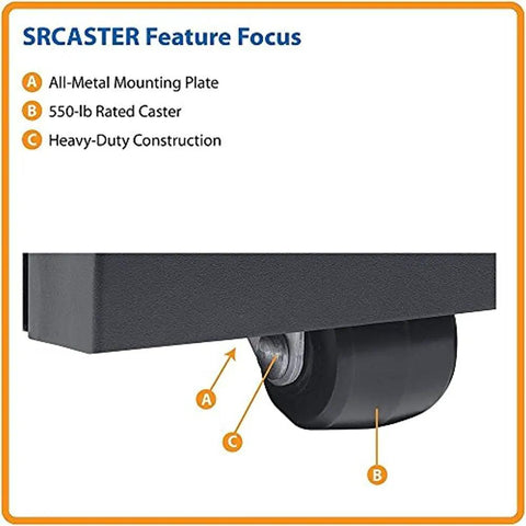 Heavy Duty Rolling Caster Kit For Four Post Server Racks shows all-metal mounting plate and 550-lb rated caster for heavy-duty use.