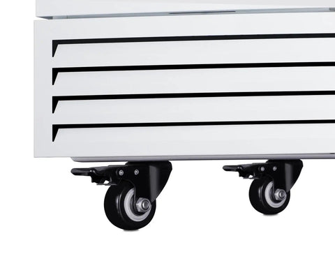 Built Tough 14.83 Cubic Feet Upright All Freezer For Vaccine Storage With Dependable Data Logger And No Sweat Thermostat Controls Right Hand Door Swing Smooth White Cabinet Complete showing caster wheels for mobility.