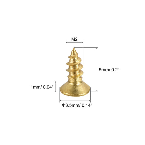 Top Shelf Brass Wood Screws M2x5mm 100 Pack Phillips Flat Head showing detailed measurements and gold finish for DIY projects.