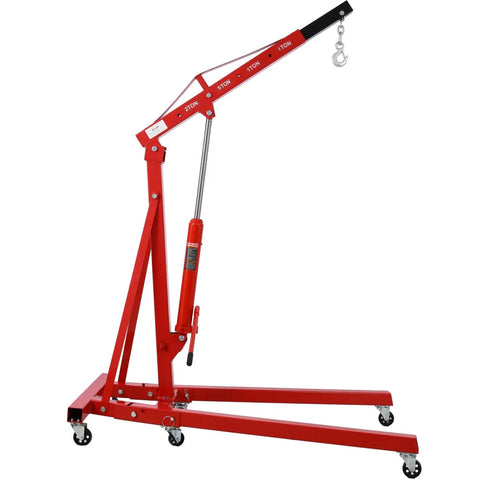 Rock Solid 2 Ton Folding Engine Hoist Cherry Picker Shop Crane With Hydraulic Ram, red steel frame, swivel casters, side view.