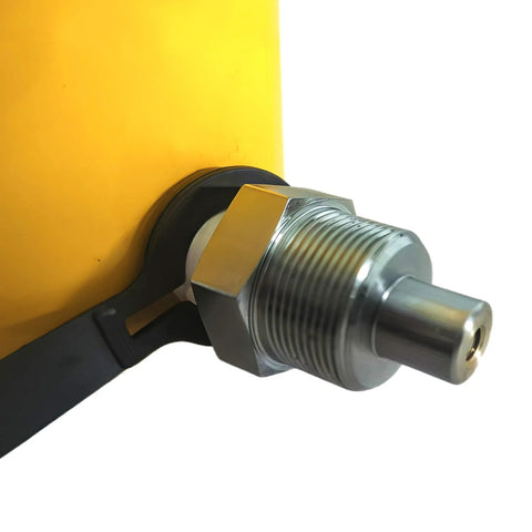 Hydraulic jack cylinder with yellow body and silver threaded ram; close-up view of porta power ram.