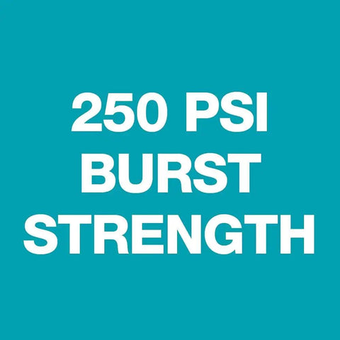 Image displaying text '250 PSI Burst Strength' highlighting durability of Medium Duty Flexogen Hose 5/8 Inch By 50 Feet With 4-Layer Construction.
