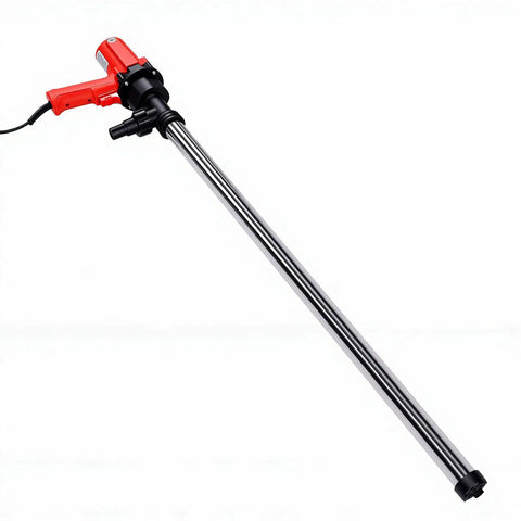 Eujgoov Electric Drum Pump For 200L And 220L Containers Fast Liquid Transfer 60 To 75 Liters Per Minute With 6 Gear Speeds For Workshops And Industrial Use Efficient Handheld Design close-up of the pump with a red handle and metal tube.