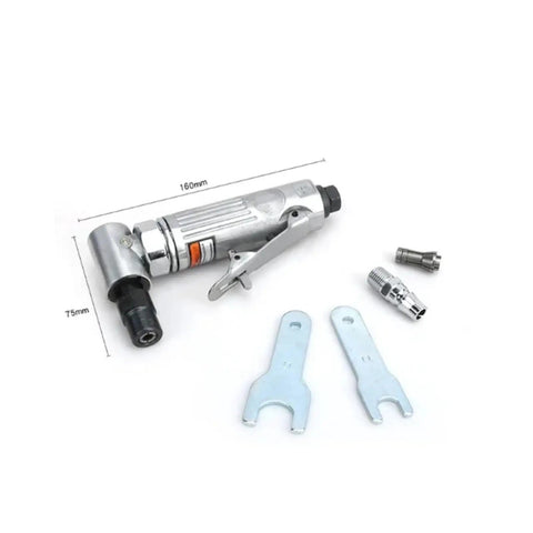 Badass Heavy Duty Pneumatic Angle Die Grinder Kicking Out 25000 Rpm With A Snappy 90 Degree Angled Head For Brutal Metal Removal Jobs Reliable Air Powered Rotary Tool For Pro Shop Grinds with accessories displayed.