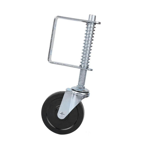 Heavy Duty 4 Inch Rubber Gate Roller With Spring Loaded Swivel for hassle free operation, featuring rubber wheel and metal bracket.