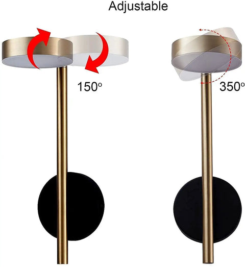 Two In One Plug In Or Hardwired Industrial Gold Brass Wall Sconces With Adjustable Metal Arm Dual Pack for Bedrooms Hallways Entryway Kitchen And Living Areas showing 150° and 350° rotation angles.