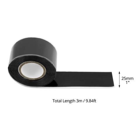 Black roll of Self Fusing Silicone Tape For Leak Repair And Anti Skid Grip, 1 Inch By 10 Feet Each, showing length and width.