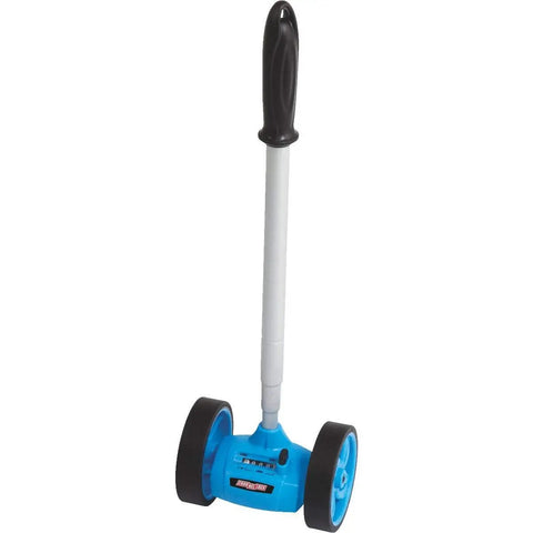 Heavy Duty Dual Measuring Wheel With Nifty Telescopic Handle For Quick Layout Work On Concrete Or Lawn, blue color, with two wheels.
