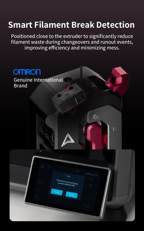 Close-up of DXC Dual Gear Direct Drive Extruder Upgrade with smart filament break detection feature for Creality K1 series.
