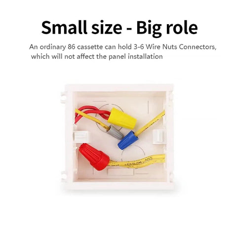 Front view of electrical wire connectors kit in a white plastic junction box with red, blue, and yellow wire nuts