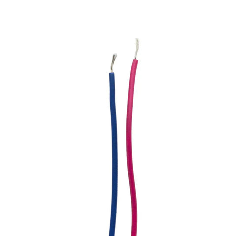 Close-up of two wire leads, one blue and one red, designed for connection in 12 Volt Direct Current Electric Lifting Magnet systems.