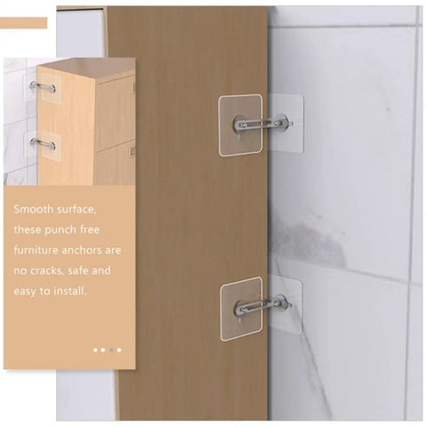 Four Pack Anti Tip Anchors For Furniture Stainless Steel And Acrylic, Adjustable Wall Mount Design, No Drill Required, Easy Install For Dressers Shelves TV Consoles Cabinets Keeping Kids Pets And Heavy Appliances Safe. Two wall-mounted anti-tip anchors on a cabinet.