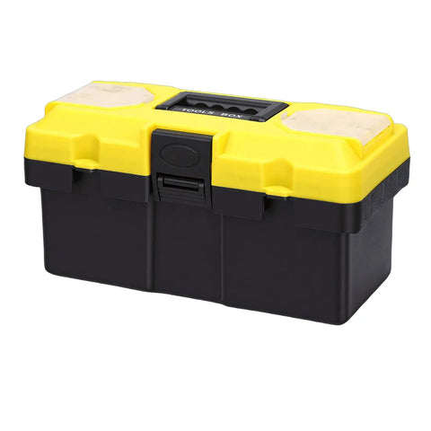 Yellow and black rugged 13 inch plastic tool box with secure locking latch and removable tray for home garage or truck storage padlock ready security.