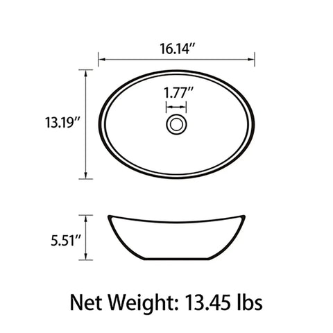 Dope Oval White Ceramic Vessel Sink For Bathroom, Countertop Install, 16 By 13 By Five And A Half Inches, size diagram