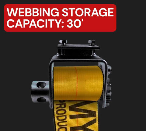 Close-up of 4 Pack Bolt On Winch Set for Flatbed Trailers and Trucks, showing 30-foot webbing capacity in black steel frame.