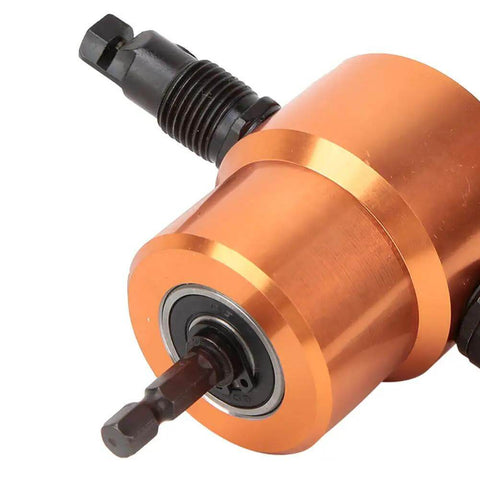 Close-up of Dual Head 360 Degree Sheet Metal Cutter Nibbler Drill, orange metal tool for DIY projects and car repair.