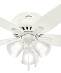 42 Inch Newsome Premier Bronze Low Profile Ceiling Fan With LED Light Kit in white finish, featuring five blades and glass light shades.