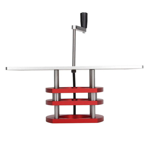 Top Shelf Router Lift Kit For Custom Woodworking Shops Featuring Slick Manual Crank Handle and Dead Precise Height Adjustment Tough Aluminum stainless steel insert plate.
