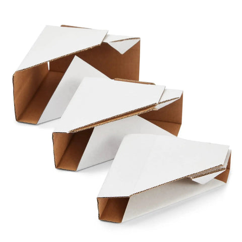 Super Tough Adjustable Cardboard Corner Protectors designed for picture frames and artwork, white cardboard corners in a stacked position.