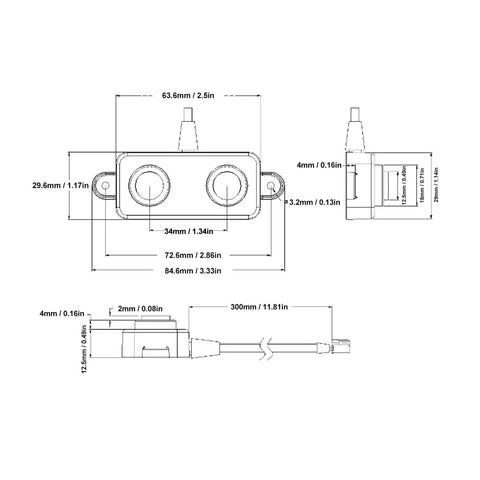 Technical diagram of Low Power Ultrasonic Distance Sensor with RS485 Output, 3.3 to 5V, range 3 to 450 cm, Arduino compatible