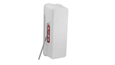 Tough As Nails Outdoor Fire Extinguisher Cabinet Weatherproof Lock Box Wall Mount Keeper with Safety Hammer, white polymer design.